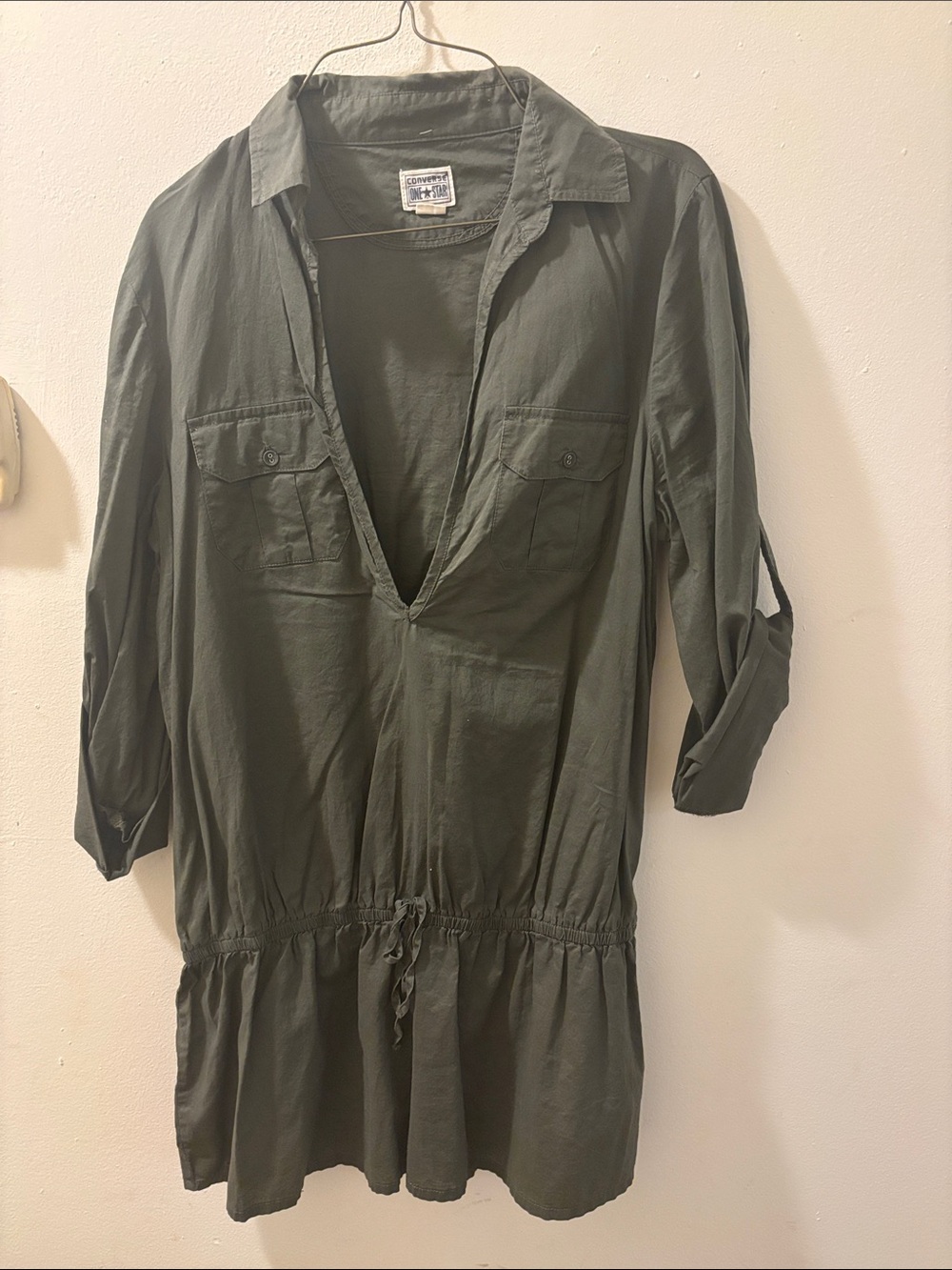 Christopher & Banks Olive Drawstring V-Neck Tunic Dress